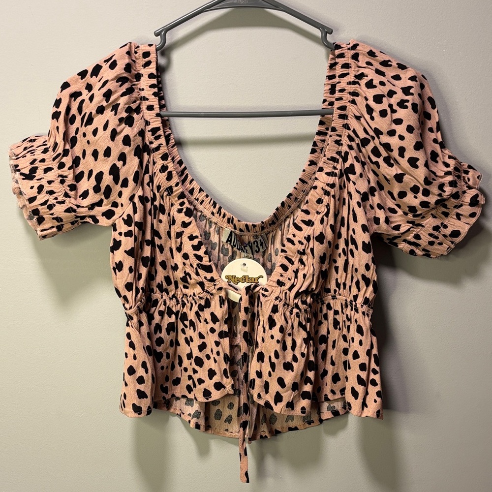 Audrey 31 Pink‎ Black Animal Print Tie Front Smocked Crop Top Blouse Small